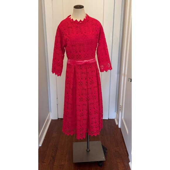Lace Midi Dress With Velvet Bow Belt By Dainty Jewells - Womens M - Bright Pink - Picture 2 of 16